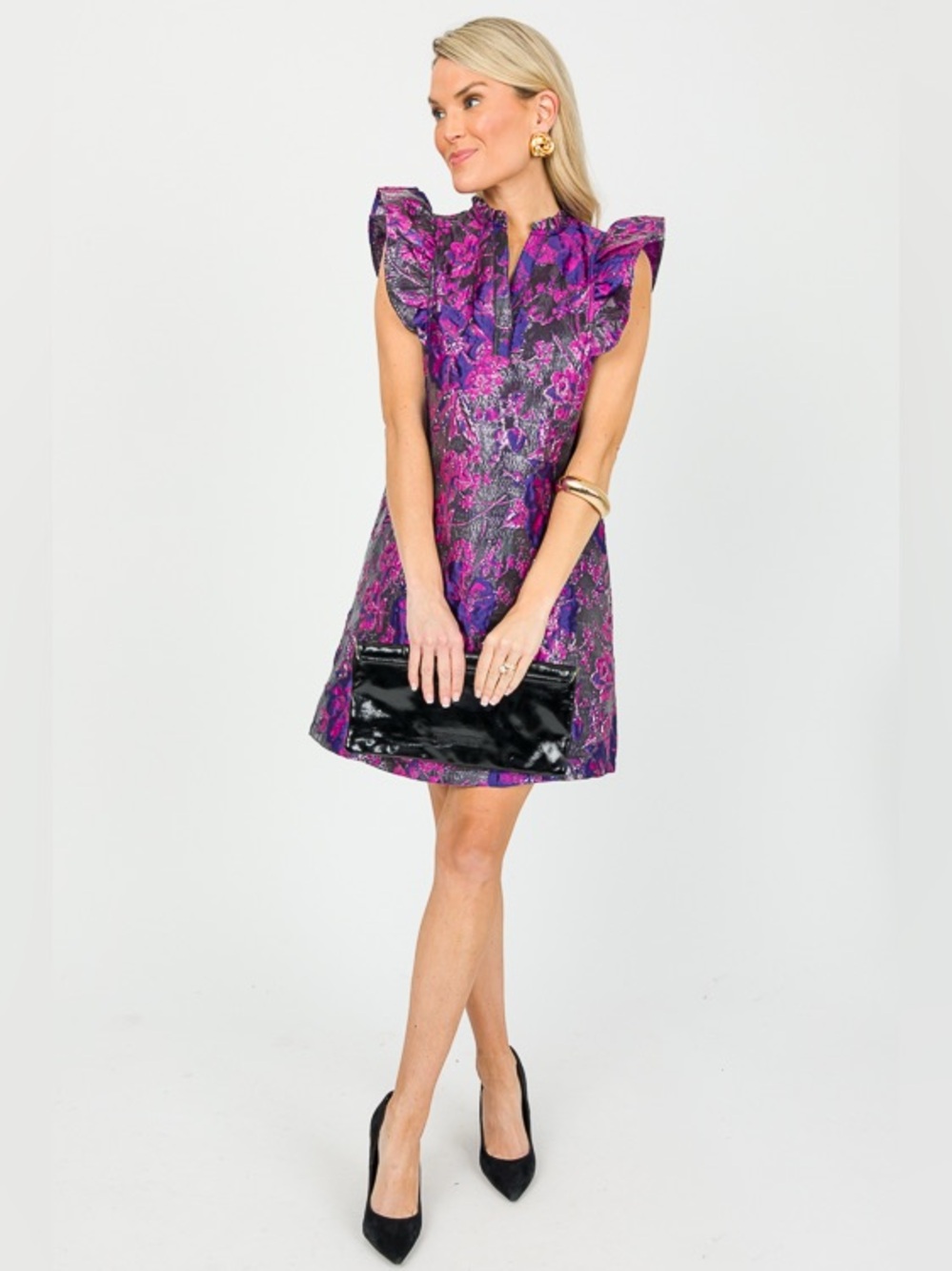 THML Sophie Metallic Purple Blue Floral Ruffle Sleeve Mini Dress SIZE M